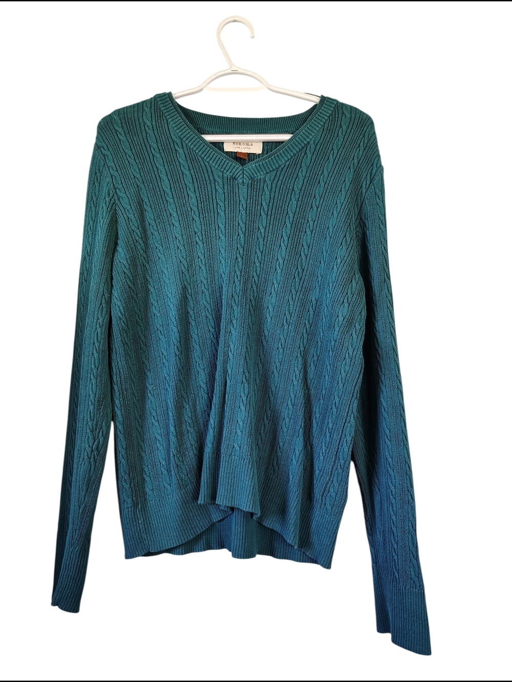 Sonoma Cable-Knit V-Neck Sweater in Teal Blue